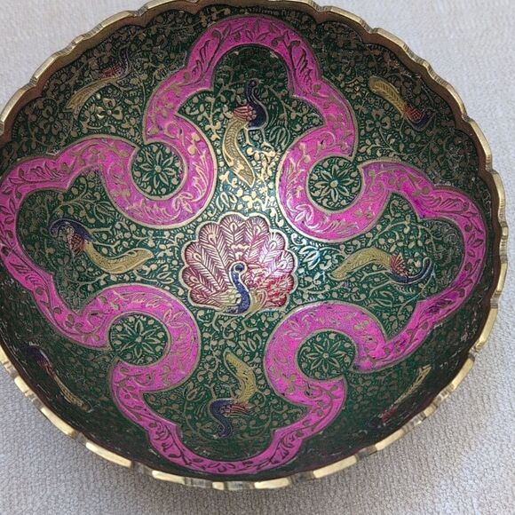 Hand Painted Peacocks and Florals Brass Scalloped Footed Bowl - Picture 3 of 7